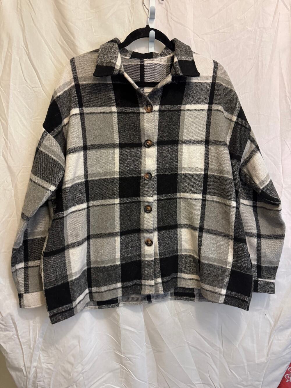 Plaid Shacket Womens XL Grey Black Flannel Jacket Oversized Shirt Jacket